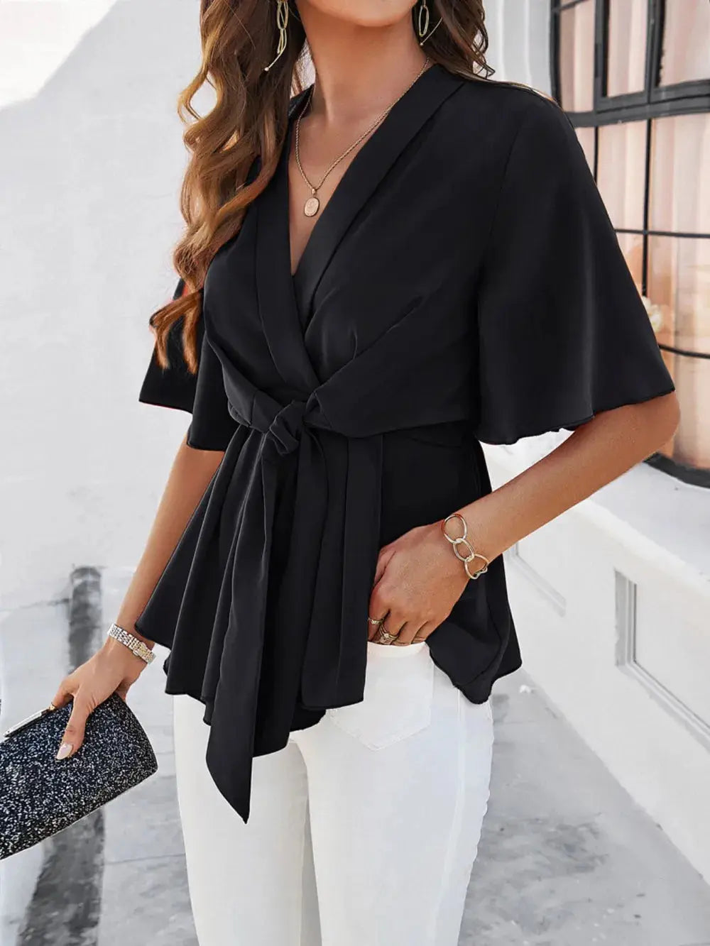 Devine Tied Front Peplum Blouse.