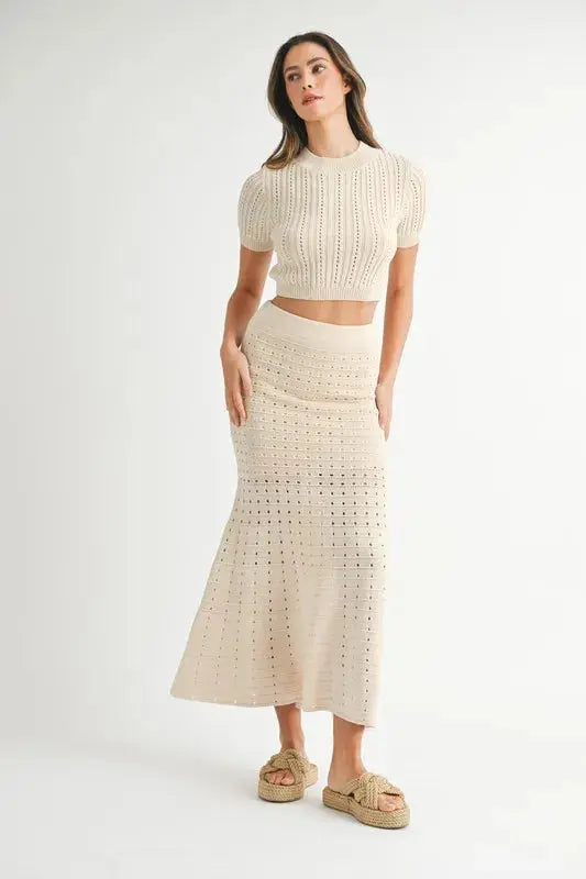 MABLE Pointelle Short Sleeve Crop Top and Slit Skirt Sweater Set.
