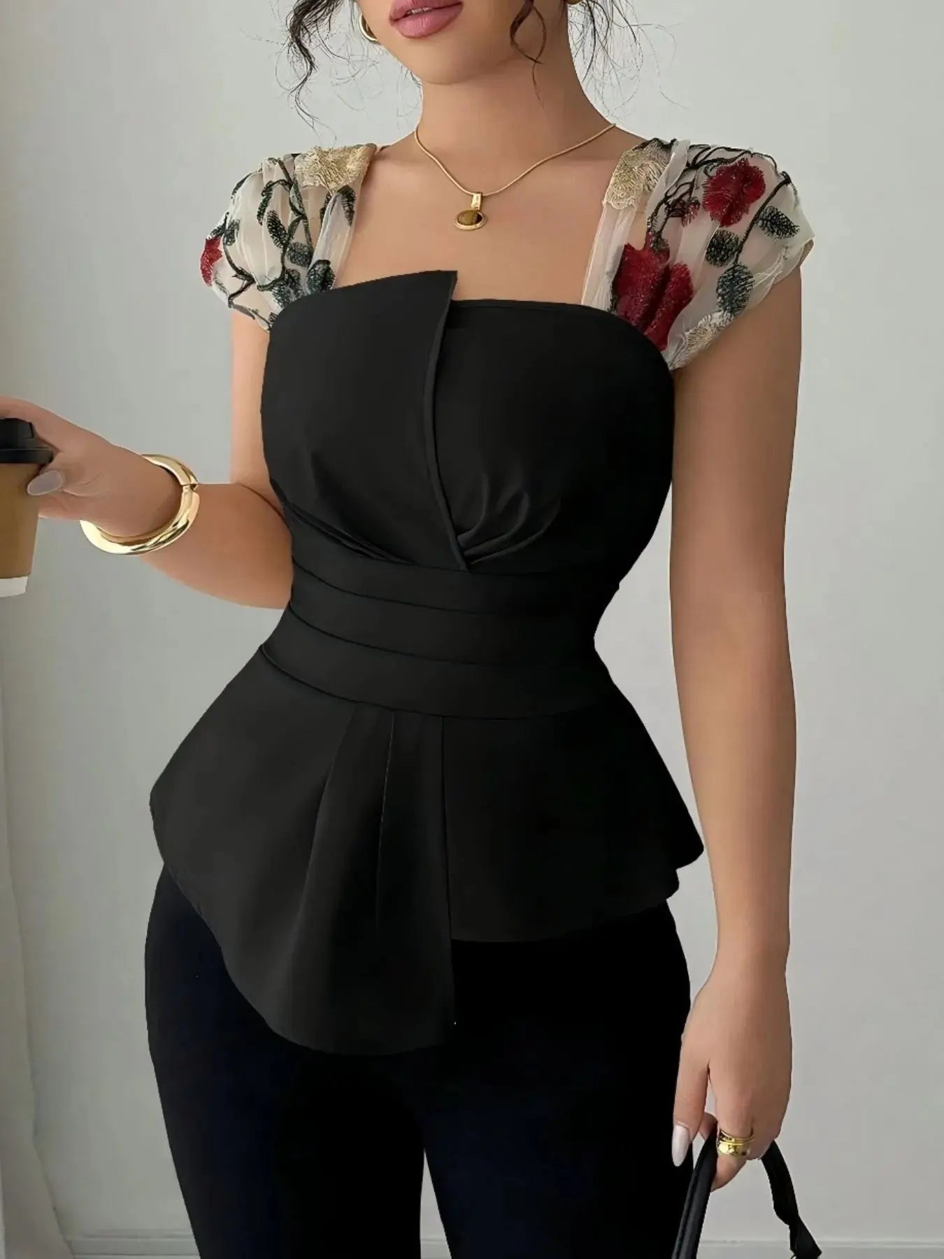 Floral Cap Sleeve Peplum Blouse.