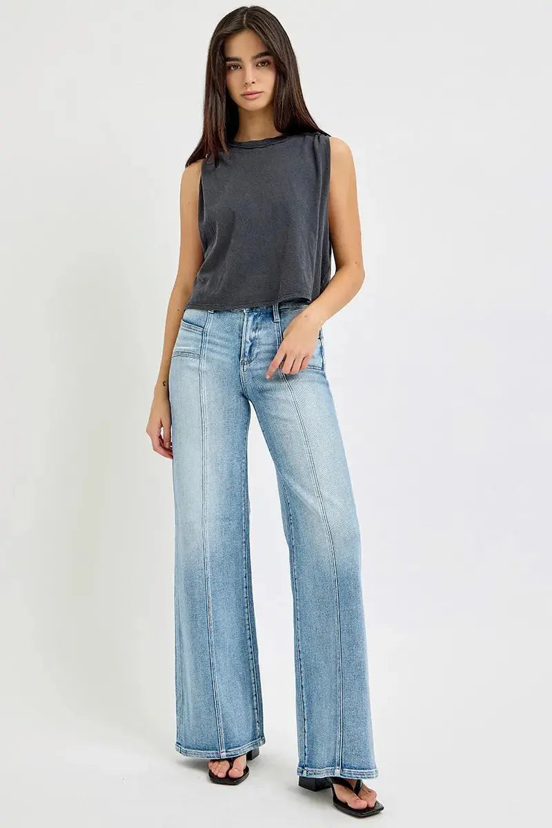RISEN Full Size Mid Rise Wide Jeans with Front Patch Pocket Plus Size.