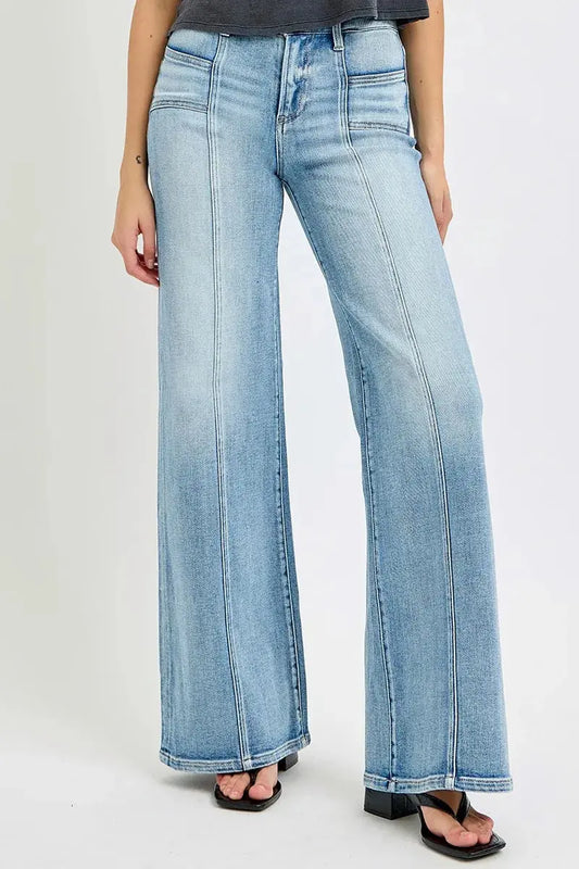 RISEN Full Size Mid Rise Wide Jeans with Front Patch Pocket Plus Size.