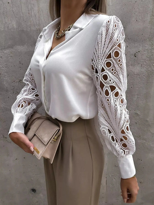 Lace Sleeve Collared Neck Blouse.