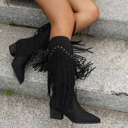 Fringe Point Toe Block Heels Boots.