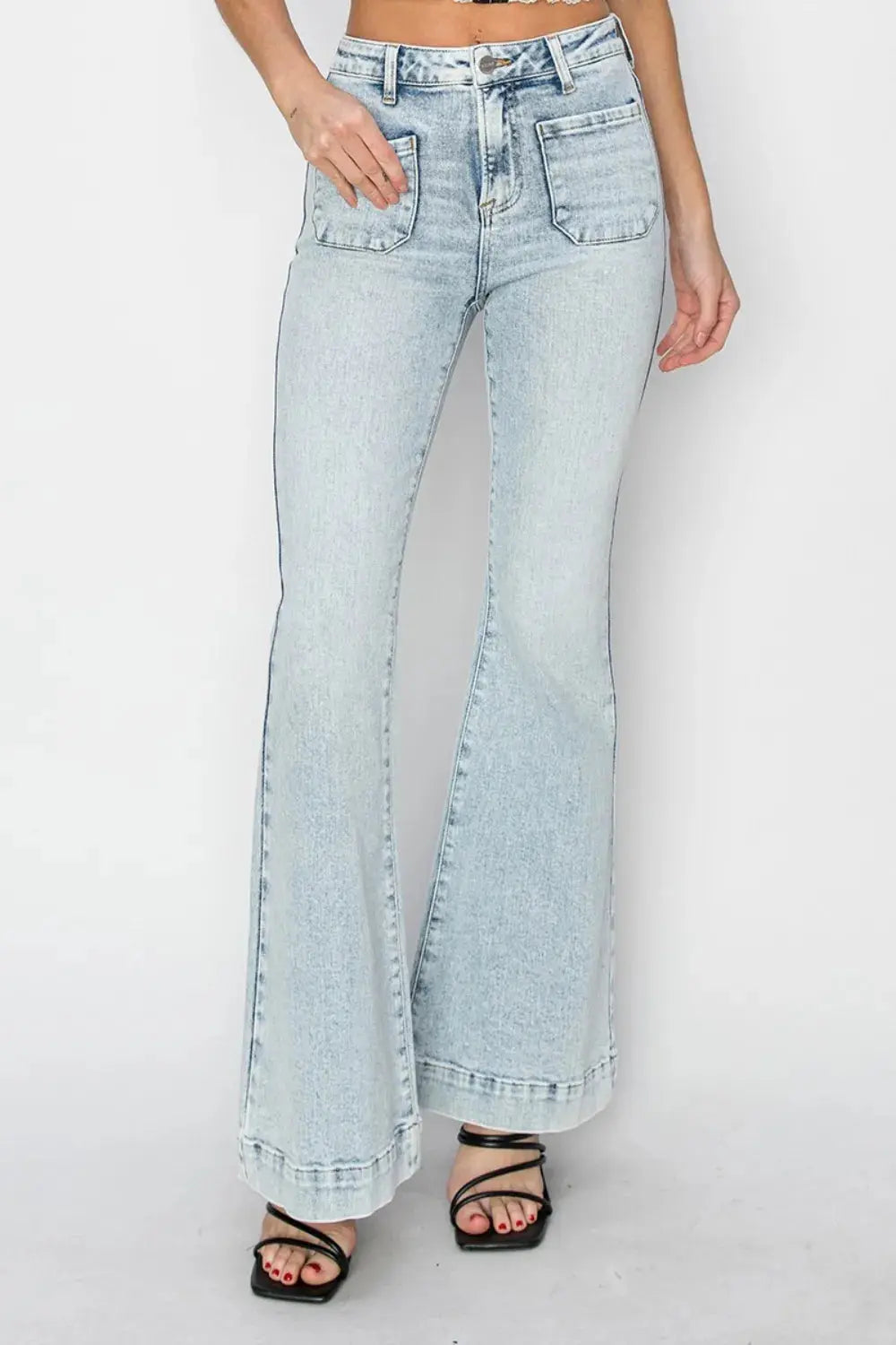 Risen Full Size High Rise Front Patch Pocket Flare Jeans.
