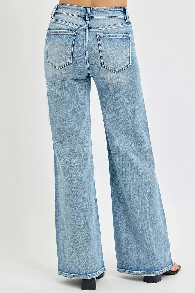 RISEN Full Size Mid Rise Wide Jeans with Front Patch Pocket Plus Size.