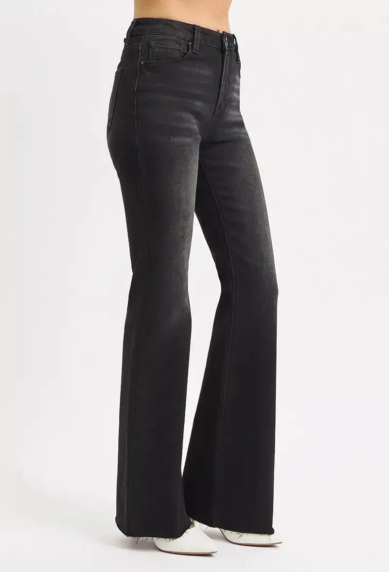 RISEN Full Size High Rise Flare Raw Cut Hem Jeans Plus Size.