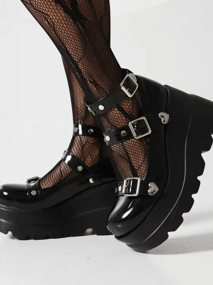 Platform Mary Jane Shoes with Triple Buckle Straps.