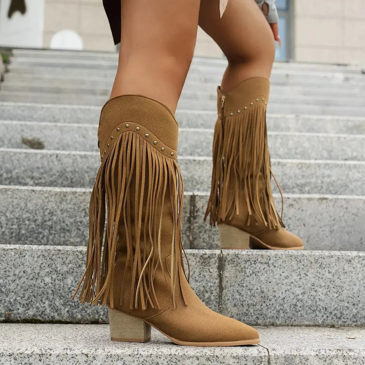 Fringe Point Toe Block Heels Boots.