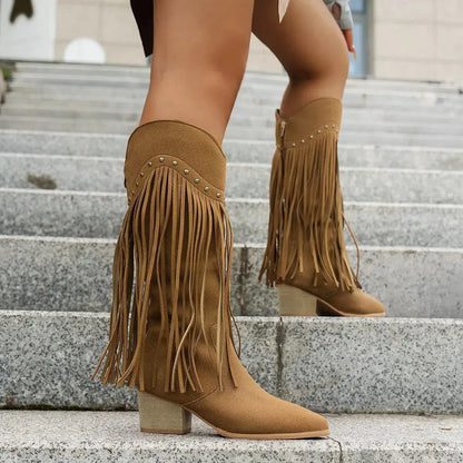 Fringe Point Toe Block Heels Boots.