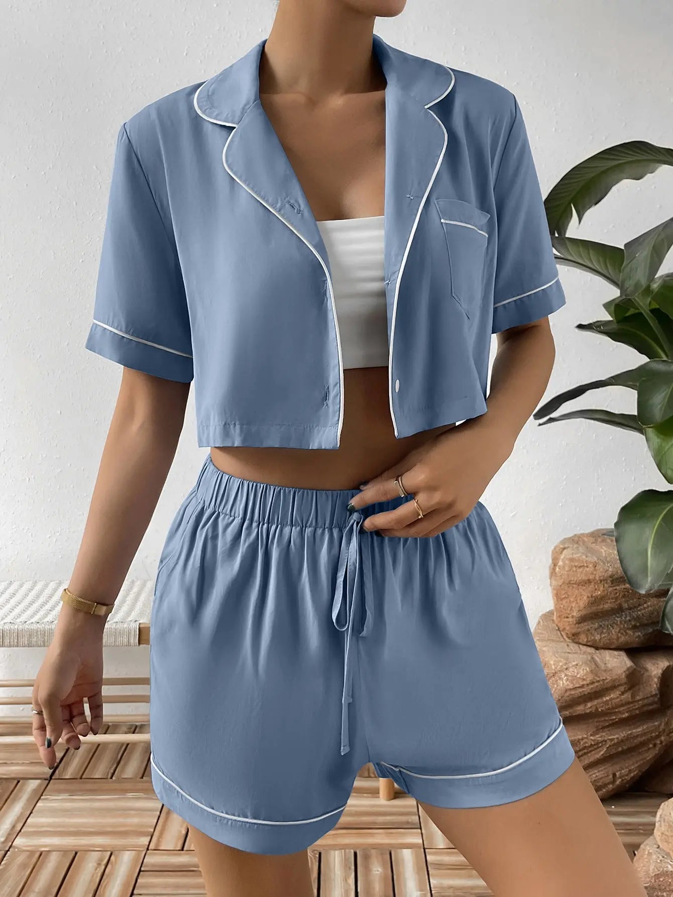 Ivy Lane Contrast Lapel Collar Cropped Shirt and Shorts Lounge Set.