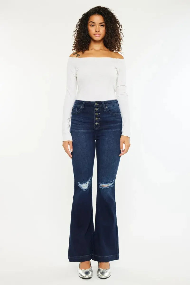 Kancan Button Fly High Rise Distressed Flare Jeans.