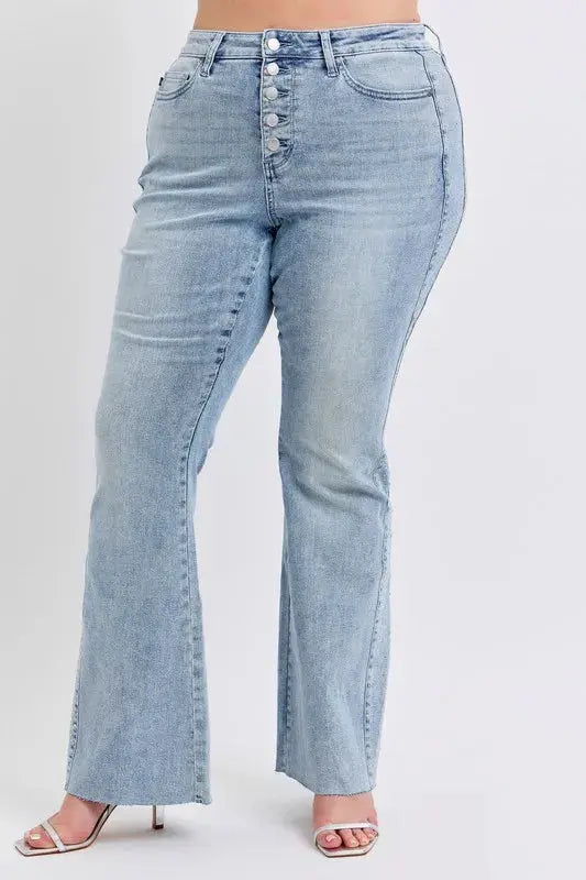 Judy Blue Full Size Mid Rise Rhinestone Side Panel Detail Flare Jeans Plus Size.