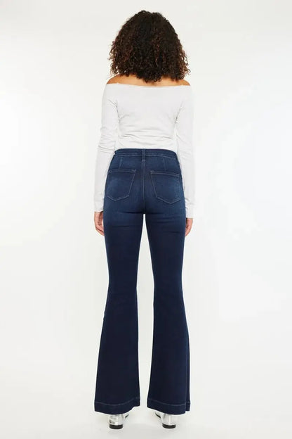 Kancan Button Fly High Rise Distressed Flare Jeans.