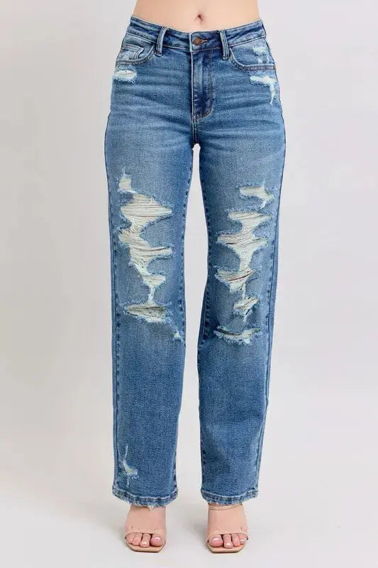 Judy Blue Full Size High Waist Heavy Destroy Straight Jeans Plus Size.