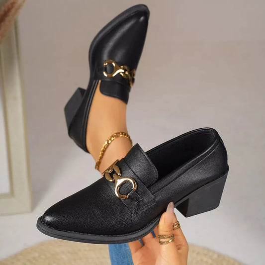 Point Toe Block Heels Loafers.