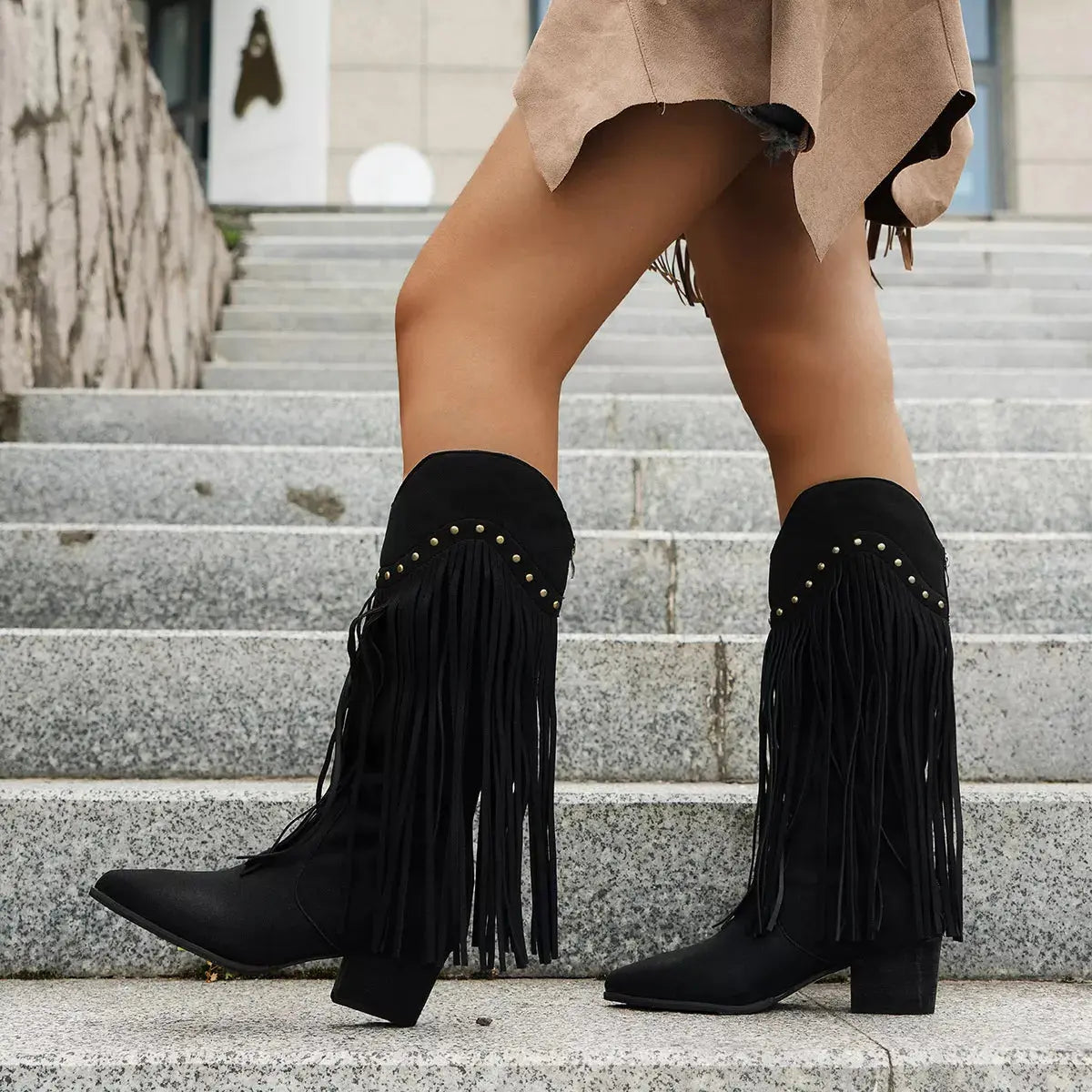 Fringe Point Toe Block Heels Boots.