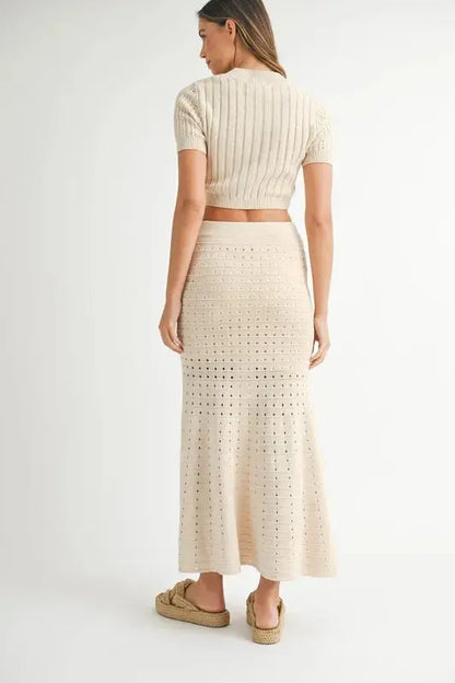 MABLE Pointelle Short Sleeve Crop Top and Slit Skirt Sweater Set.