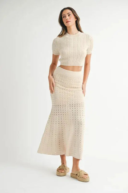 MABLE Pointelle Short Sleeve Crop Top and Slit Skirt Sweater Set.