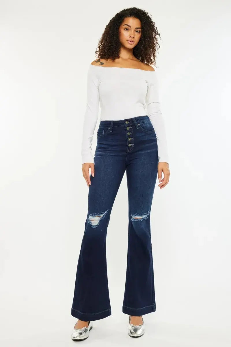 Kancan Button Fly High Rise Distressed Flare Jeans.