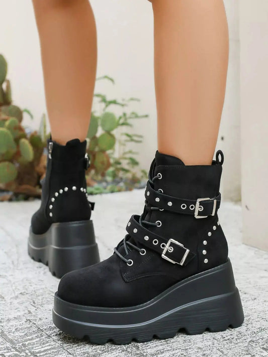 Lace Up Platform Wedge Boots.