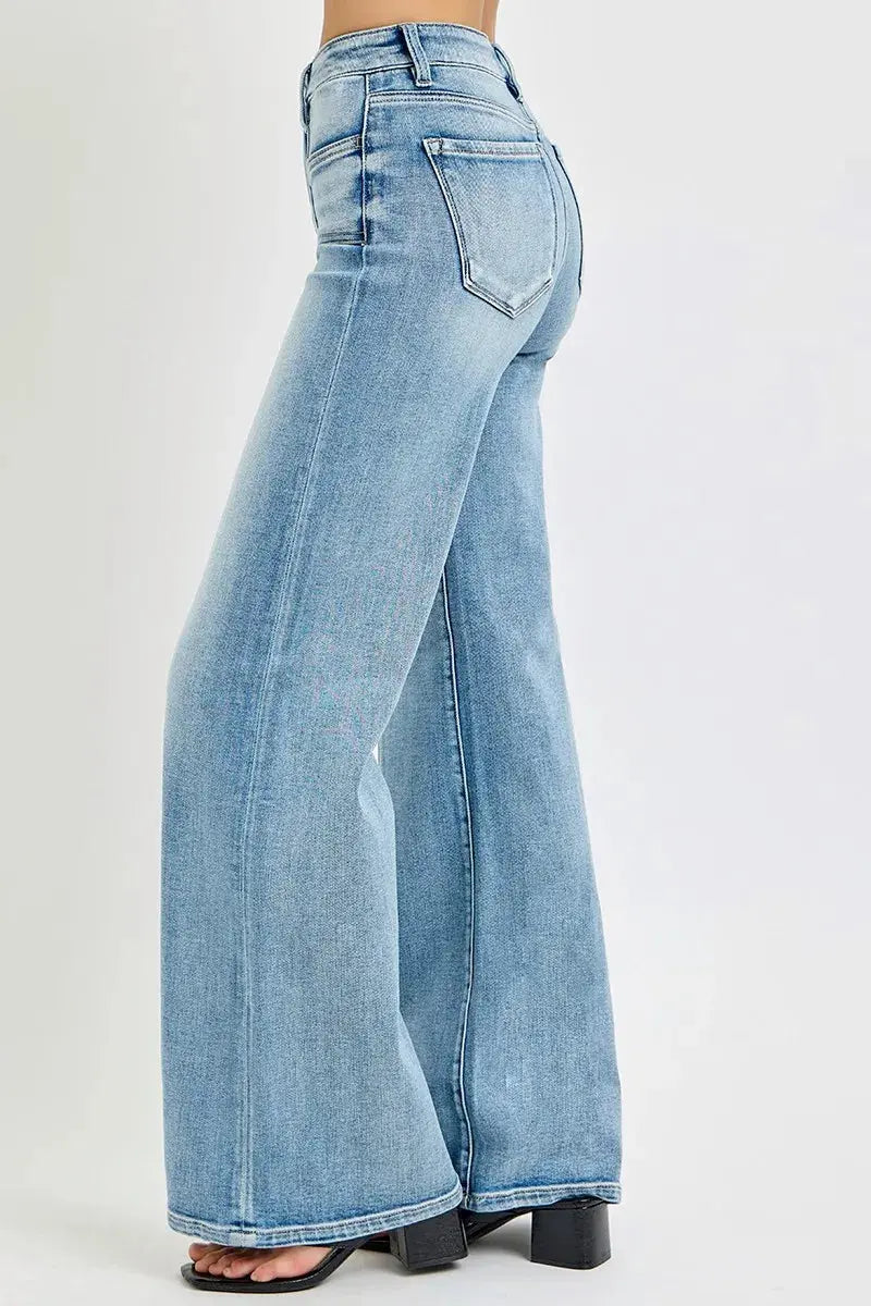 RISEN Full Size Mid Rise Wide Jeans with Front Patch Pocket Plus Size.
