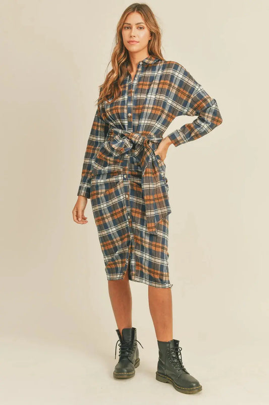 Mable Plaid Flannel Front Tie Button Down Shirt Dress.
