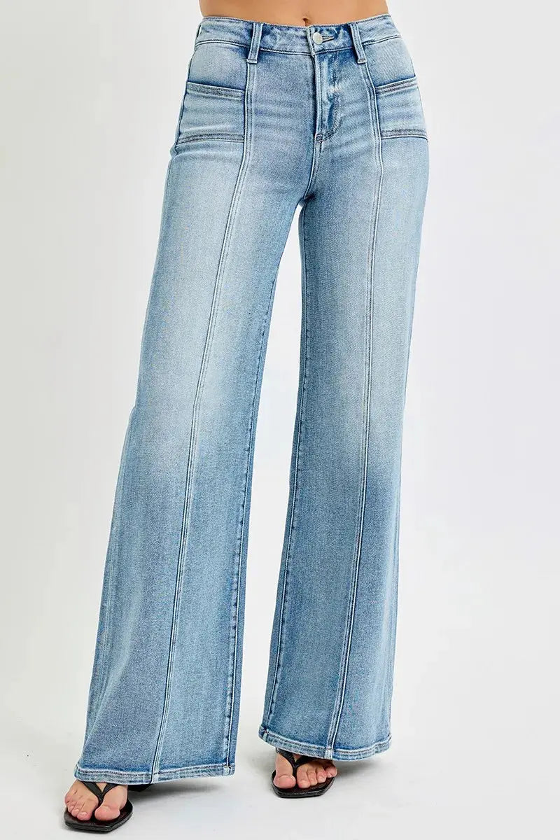 RISEN Full Size Mid Rise Wide Jeans with Front Patch Pocket Plus Size.