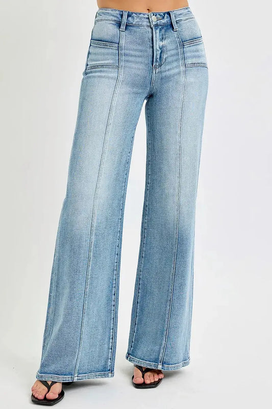 RISEN Full Size Mid Rise Wide Jeans with Front Patch Pocket Plus Size.