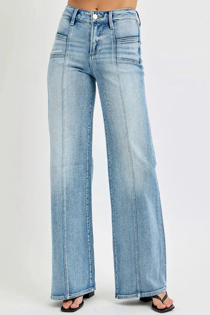RISEN Full Size Mid Rise Wide Jeans with Front Patch Pocket Plus Size.