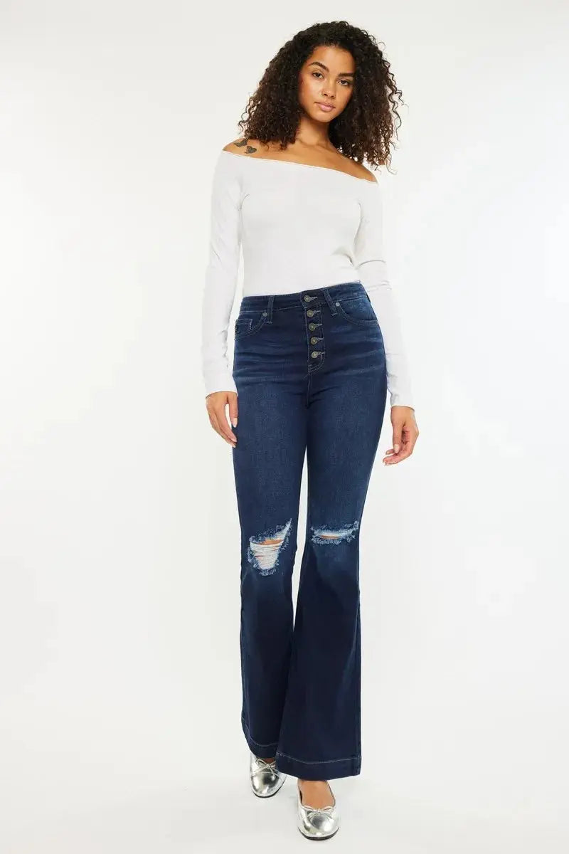 Kancan Button Fly High Rise Distressed Flare Jeans.