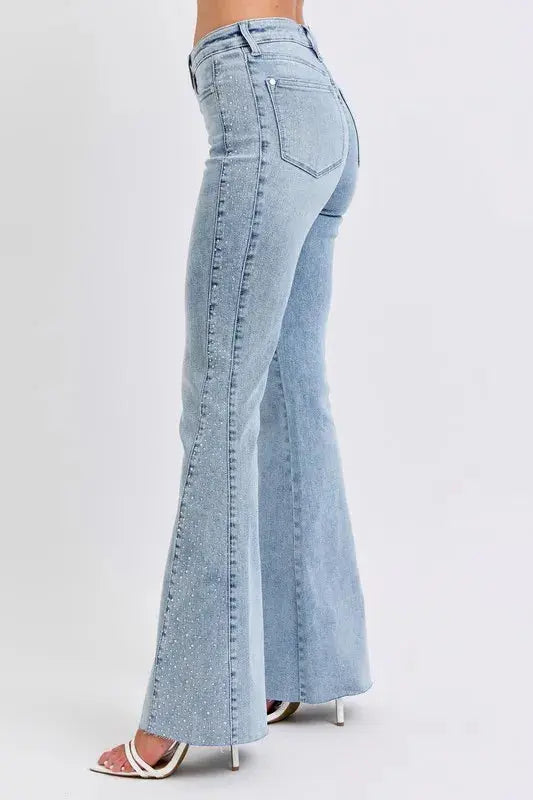 Judy Blue Full Size Mid Rise Rhinestone Side Panel Detail Flare Jeans Plus Size.