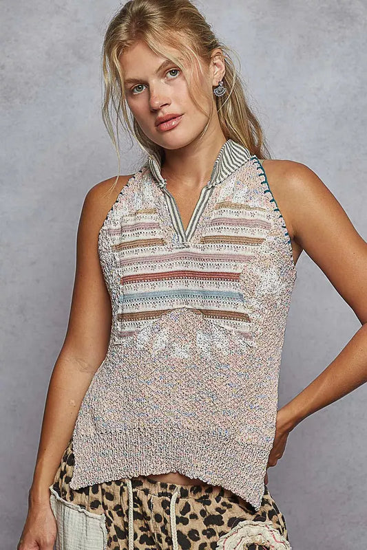 POL Striped Collar Sweater Vest with Star Patch.