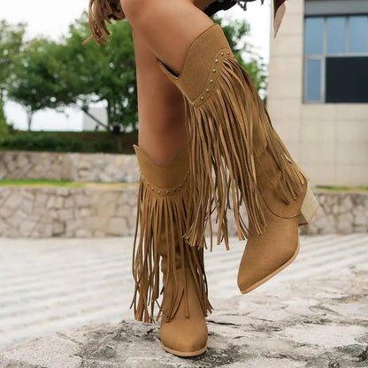 Fringe Point Toe Block Heels Boots.
