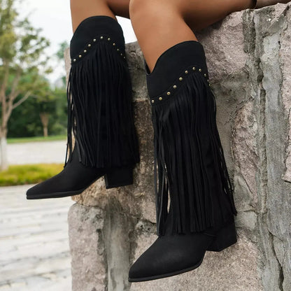 Fringe Point Toe Block Heels Boots.
