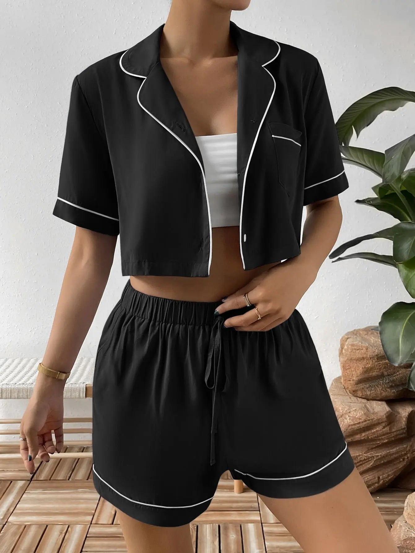 Ivy Lane Contrast Lapel Collar Cropped Shirt and Shorts Lounge Set.