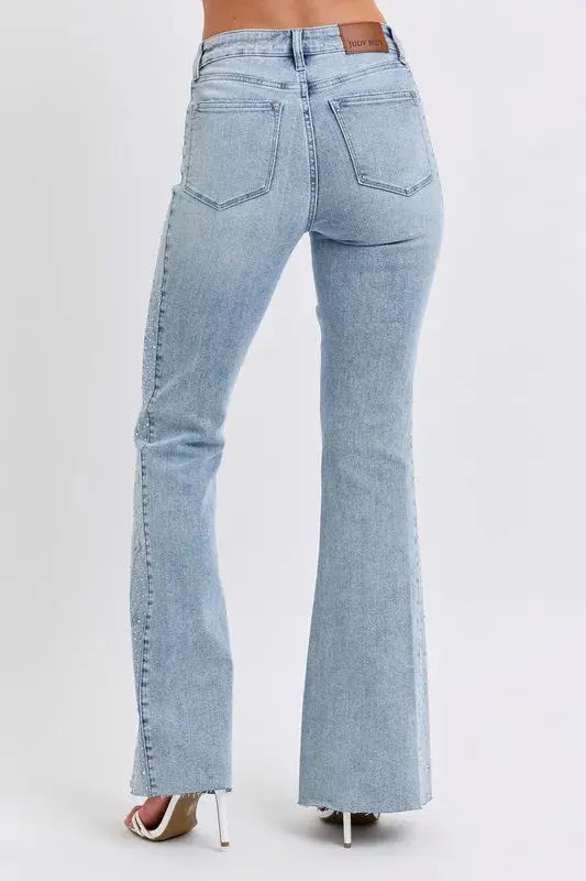 Judy Blue Full Size Mid Rise Rhinestone Side Panel Detail Flare Jeans Plus Size.