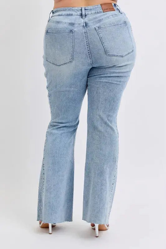 Judy Blue Full Size Mid Rise Rhinestone Side Panel Detail Flare Jeans Plus Size.
