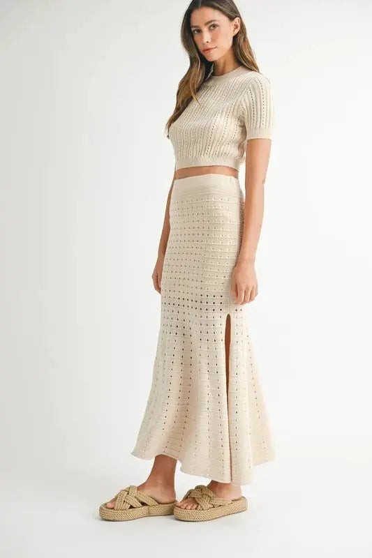 MABLE Pointelle Short Sleeve Crop Top and Slit Skirt Sweater Set.