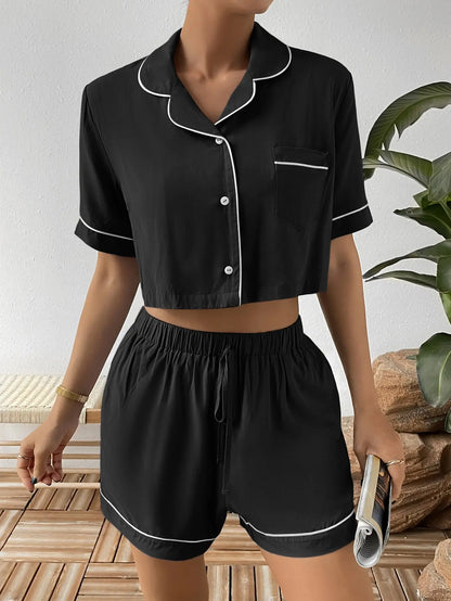 Ivy Lane Contrast Lapel Collar Cropped Shirt and Shorts Lounge Set.