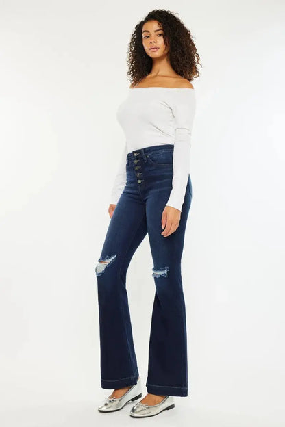 Kancan Button Fly High Rise Distressed Flare Jeans.