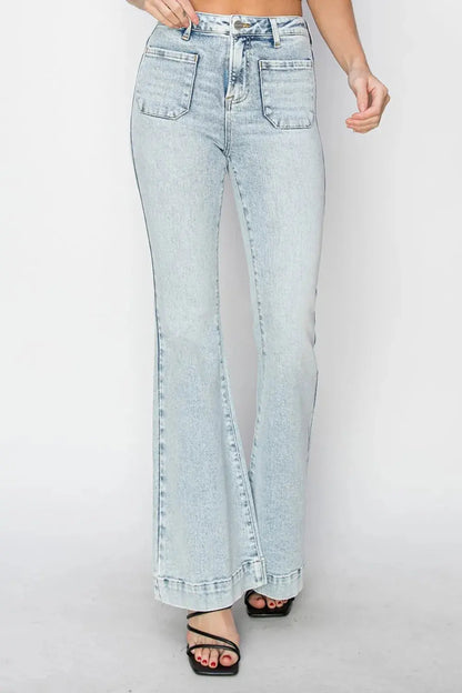 Risen Full Size High Rise Front Patch Pocket Flare Jeans.