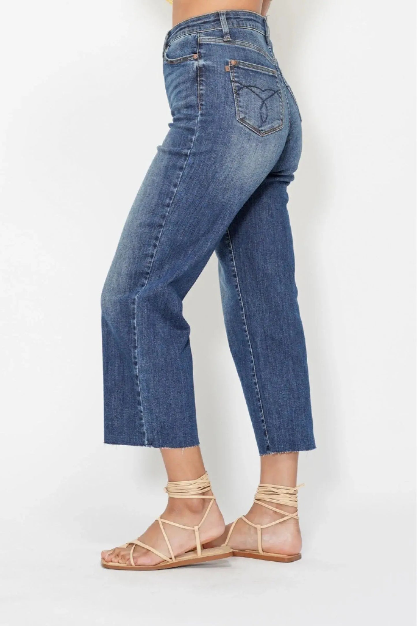 Judy Blue High Waist Back Pocket Embroidery Crop Wide Jeans.