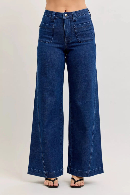 Judy Blue High-Waisted Retro Wide Jeans with Patch Pkts & Twisted Seams.