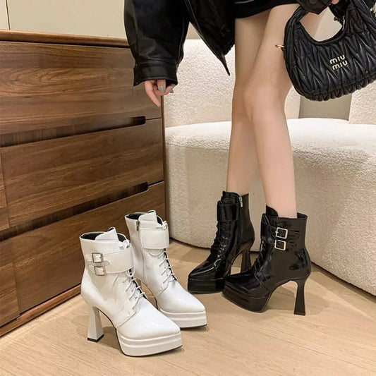 Lace Up Block Heels Boots.