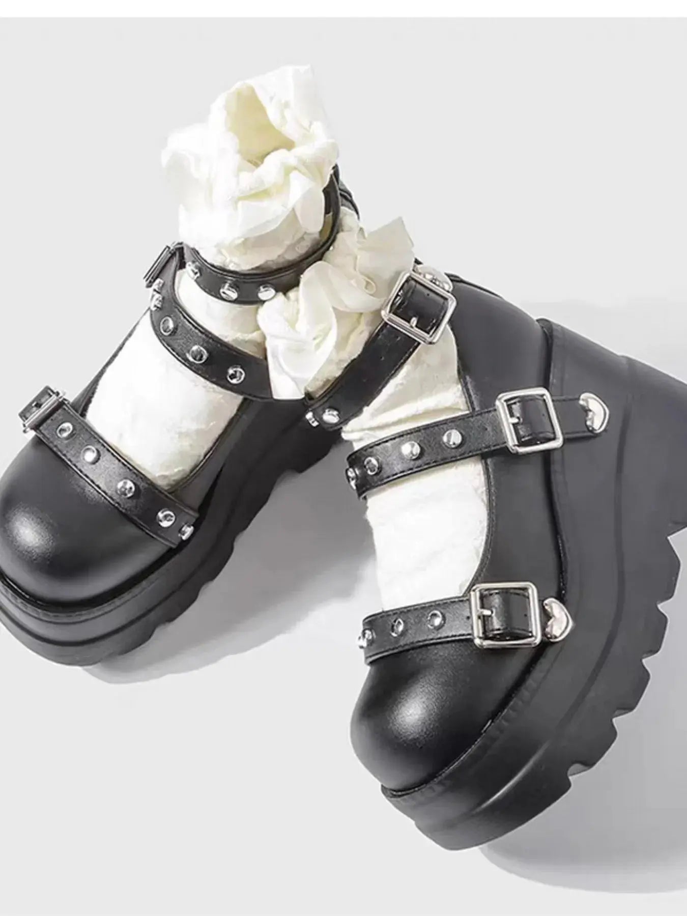 Platform Mary Jane Shoes with Triple Buckle Straps.