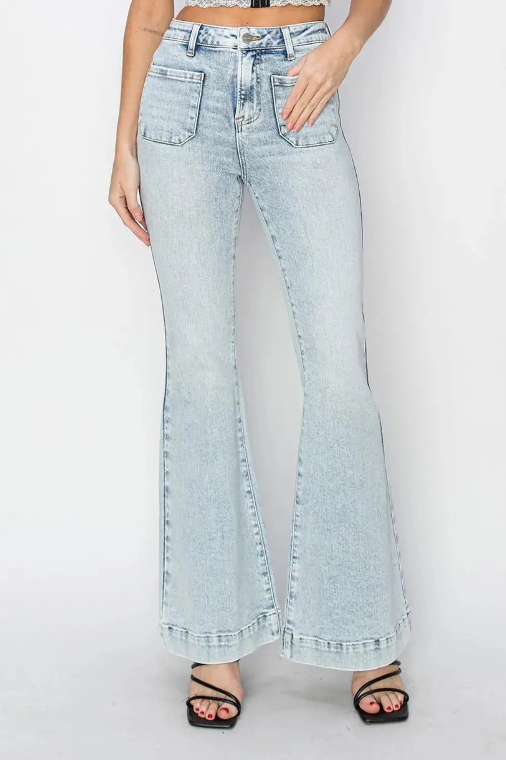 Risen Full Size High Rise Front Patch Pocket Flare Jeans.