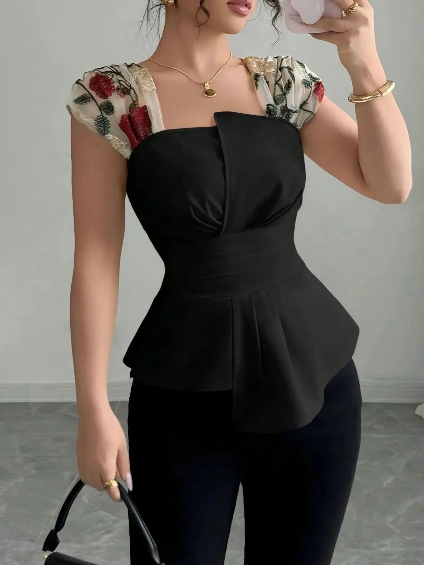 Floral Cap Sleeve Peplum Blouse.