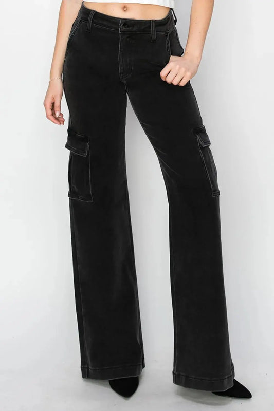 Risen Full Size High Rise Wide Leg Cargo Jeans.
