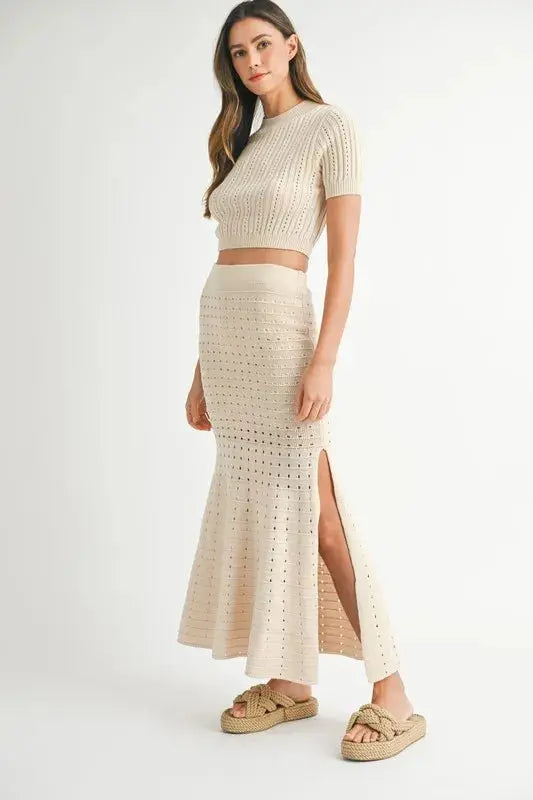 MABLE Pointelle Short Sleeve Crop Top and Slit Skirt Sweater Set.