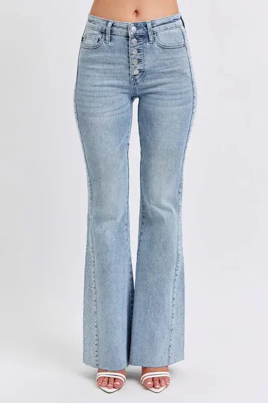 Judy Blue Full Size Mid Rise Rhinestone Side Panel Detail Flare Jeans Plus Size.
